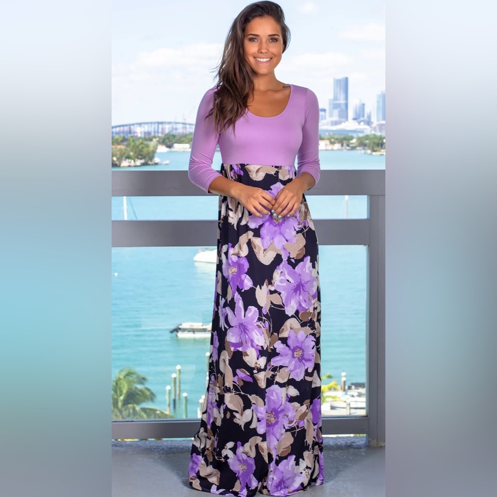LAVENDER AND NAVY FLORAL MAXI DRESS